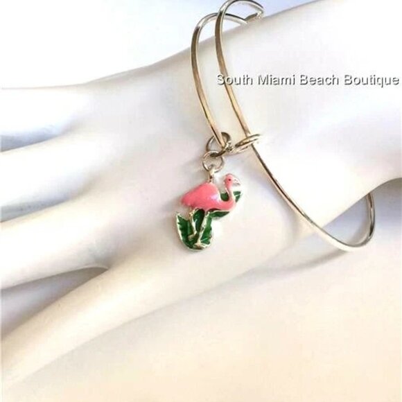 Silver Pink Flamingo Charm Bracelet Island Bird Tropical Beach Art Deco Plated - Picture 8 of 11